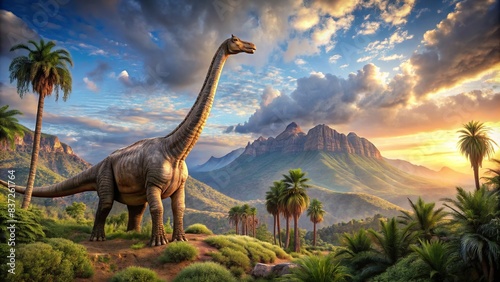 A realistic of a Brachiosaurus towering over a prehistoric landscape   Brachiosaurus  dinosaur  prehistoric  herbivore  Jurassic  reptile  long neck  giant  extinct  animal  ancient