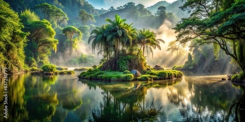 Mystical island in jungle pond surrounded by rainforest   mystical  island  jungle  pond  rainforest  nature  scenery  rendering  fantasy  tropical  foliage  serene  tranquil  lush  green