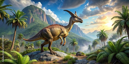 Majestic Parasaurolophus dinosaur in a prehistoric landscape, prehistoric, dinosaur, extinct, large, herbivore, colorful,landscape, majestic, horned, crest, ancient, reptile, fauna, fauna photo