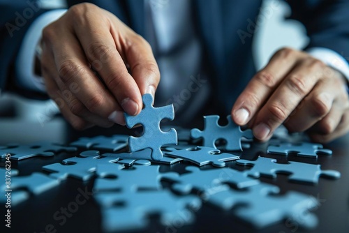 Close-up photo of Hispanic businessman assembling puzzle pieces representing the supply chain process in office setting.