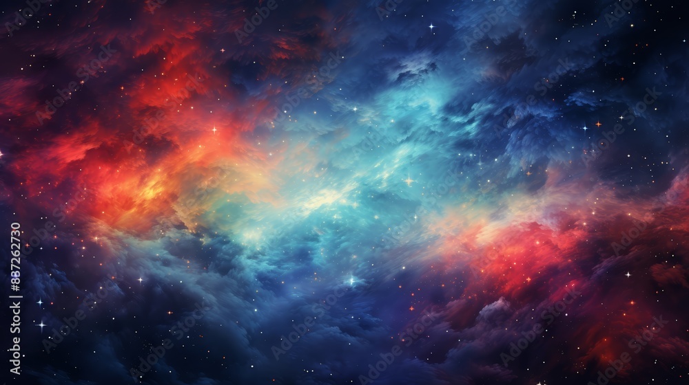 Expansive view of a multicolored galaxy, twinkling stars in a spectrum of colors, distant perspective Expansive view of a multicolored galaxy, twinkling stars in a spectrum of colors, distant perspective