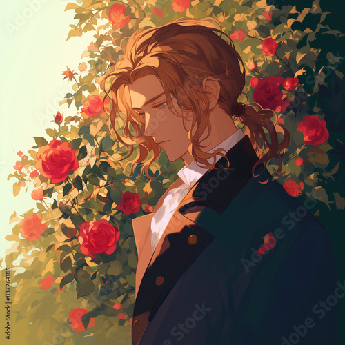 anime illustration of a young man in a rose garden with golden brown hair wearing a victorian era outfit, illustration of a young aristocratic man deep in a thought in a rose garden photo