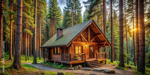 A charming wooden cabin surrounded by tall trees deep in the forest