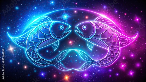 Neon zodiac sign Pisces with two fish in purple and blue lights against a starry background, neon lights, Pisces, zodiac, starry, background, astrological, fish, purple, blue, symbol, astrology