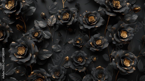 black floral wallpaper on black wall black and gold roses