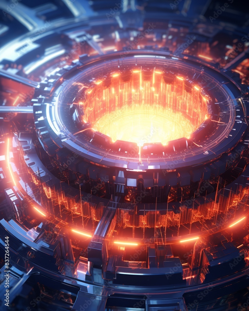 Quantum nuclear fusion reactor core, glowing energy, high-tech, close-up view Quantum nuclear fusion reactor core, glowing energy, high-tech, close-up view