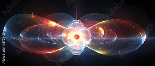 Quantum nuclear fusion abstract, glowing nuclei and electrons, surreal, top view