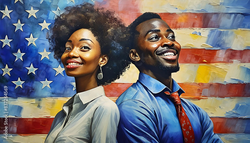 African American couple smiling with the USA flag as the backdrop. Perfect for cultural projects, social campaigns, and patriotic events, captures the essence of unity, pride, and joy photo
