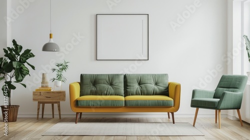 Frame mockup minimal interior living room has green sofa and yellow armchair, Generative AI.