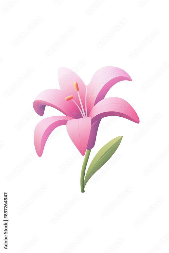 A single pink lily flower with green stem and leaves. The lily is in bloom with delicate petals. The flower is isolated on a black background. A single pink lily flower with green stem and leaves. The lily is in bloom with delicate petals. The flower is isolated on a black background.