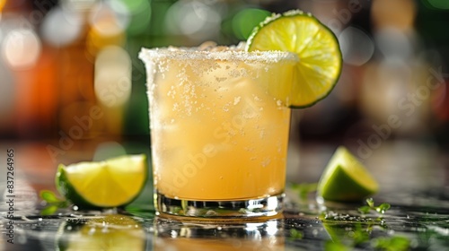 Refreshing Lime Margarita With Salt Rim on Bar Counter
