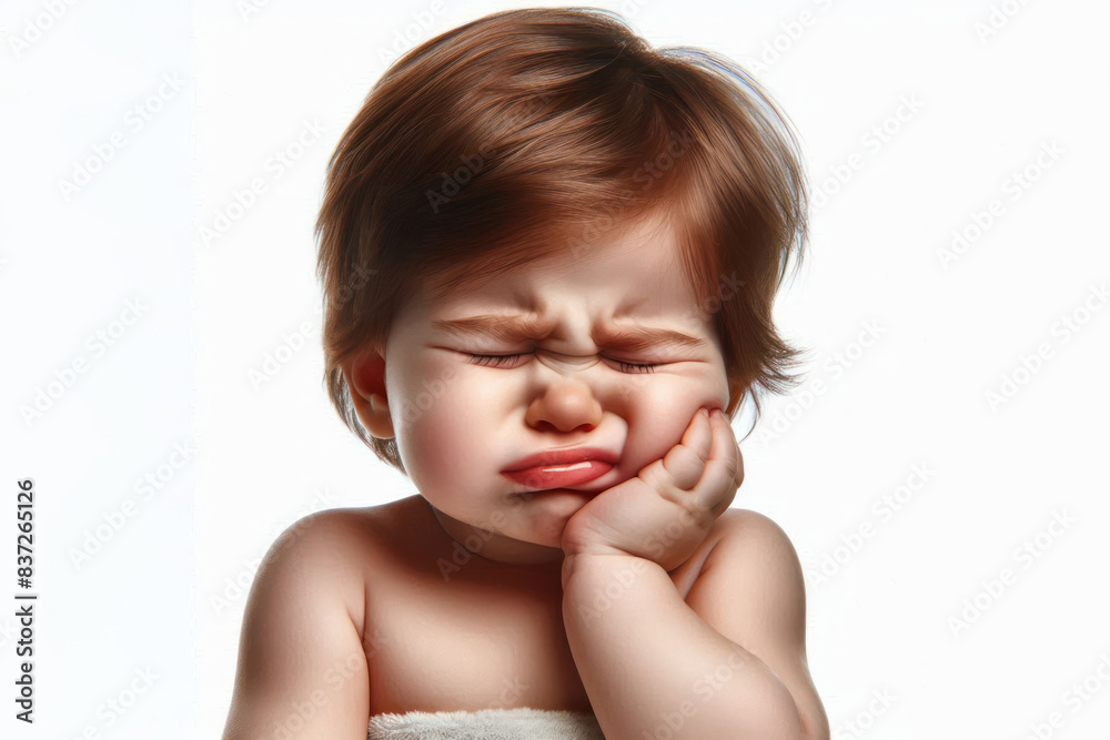baby suffering from toothache holding his chin with his hand Isolated on white background baby suffering from toothache holding his chin with his hand Isolated on white background