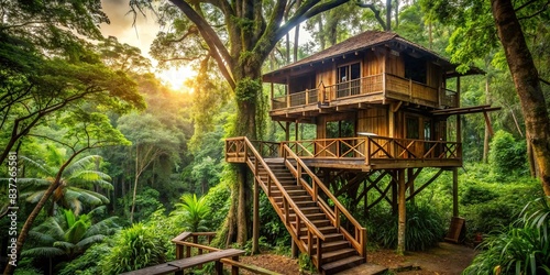 Spacious treehouse with stairs in a lush jungle setting , treehouse, stairs, jungle, lush, nature, green, tropical, wooden, adventure, hideaway, peaceful, retreat, escape, tranquil, outdoors © sompong