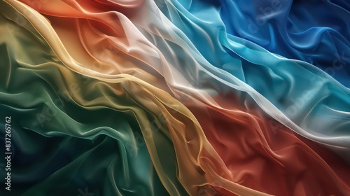 magnificent multicolored flag with cool blue, olive green, and khaki hues. Contemporary wallpaper with undulating waves