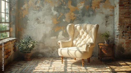 Vintage room with wallpaper and old fashioned armchair. Rustic interior design.