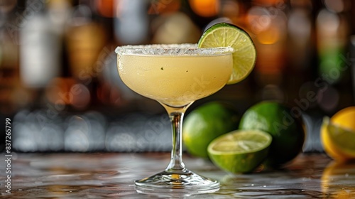 Refreshing Lime Margarita With Salt Rim on Bar Counter