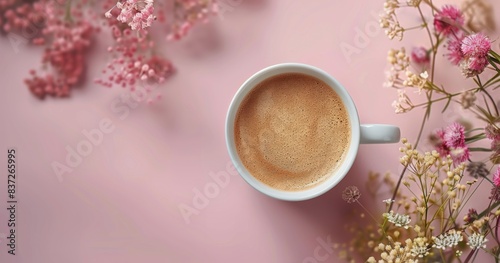 Overhead View of a Cup of Coffee With Foam on a Pink Background
