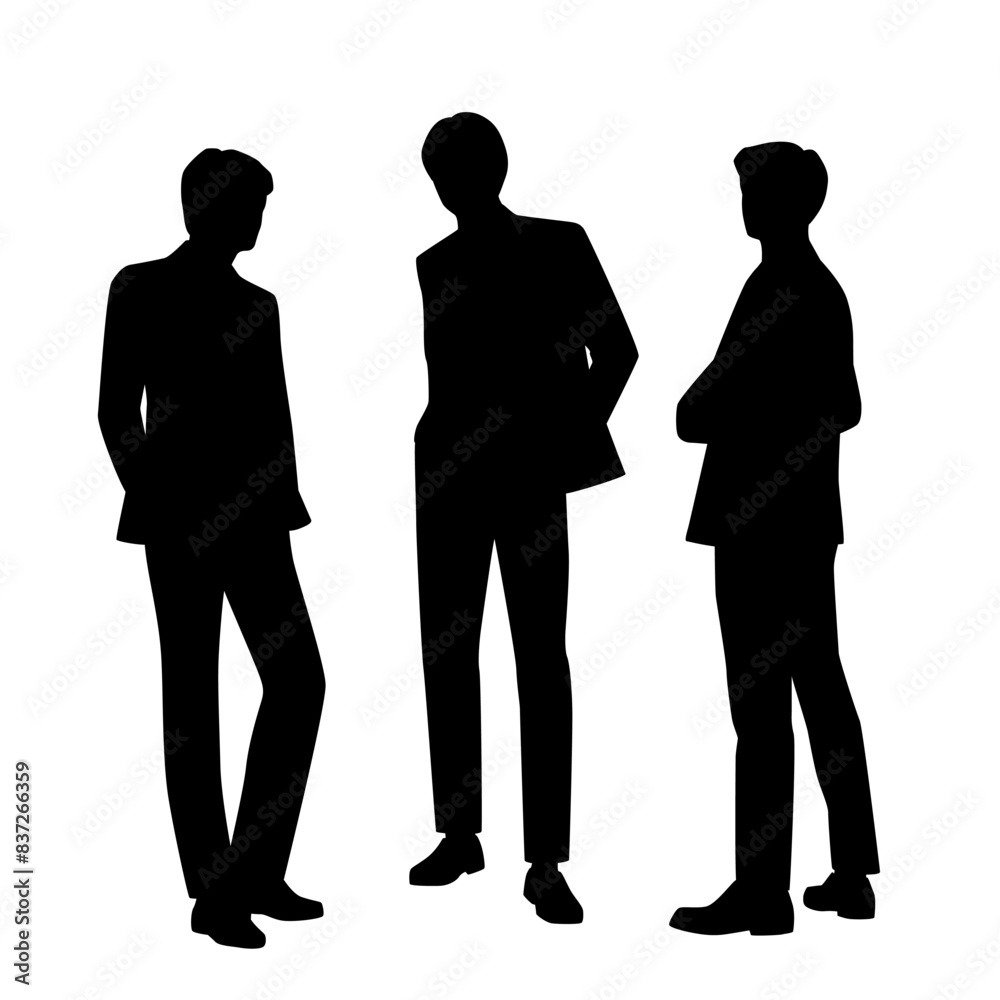 Vector silhouettes of three men standing, profile, business people, black color, isolated on white background Vector silhouettes of three men standing, profile, business people, black color, isolated on white background