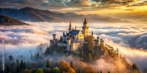Mystical mist surrounding a castle in a magical kingdom, fantasy, enchanting, fog, dreamy, fairytale, mystical, atmospheric, ethereal, mysterious, kingdom, landscape, castle, magical photo
