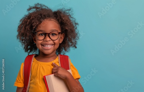 Smiling Young Girl Wearing Glasses Holds Textbook Against Blue Background