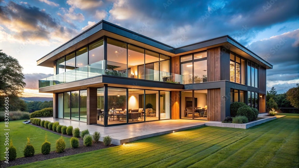 Modern house with large windows surrounded by serene countryside , rural, contemporary, architecture, design, home, windows, aesthetic, minimalistic, countryside, tranquil, modern, exterior