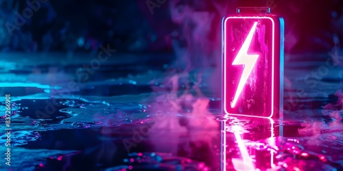 Lithium ion battery with a lightning bolt icon  abstract water illuminated with neon magenta light battery shape on dark. Concept Technology, Battery, Lighting, Neon, Energy efficient photo