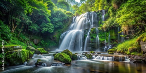 A serene waterfall surrounded by lush green forest   nature  waterfall  forest  peaceful  tranquil  serene  beauty  majestic  cascading  greenery  trees  scenic  landscape  outdoor