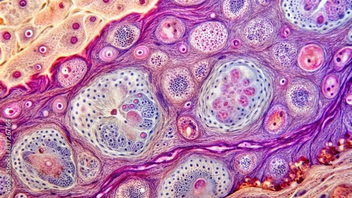 Detailed pathology image of skin biopsy showing various types of skin cancer such as melanoma, basal cell carcinoma, and squamous cell carcinoma, skin cancer, pathology, skin biopsy photo