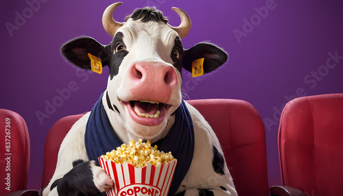 A delightful 3D cow wearing a scarf, happily munching popcorn in a cinema setting, conveys excitement and amusement