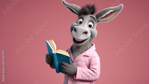 Despite the face being blurred, an animated donkey dressed in a pink shirt is depicted reading a book intently