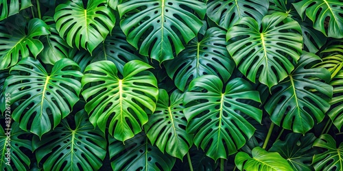 Lush tropical monstera plants on background