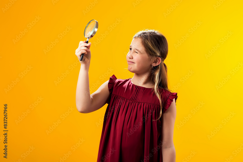 Smiling kid girl looking through magnifier. Education and curiosity concept Smiling kid girl looking through magnifier. Education and curiosity concept