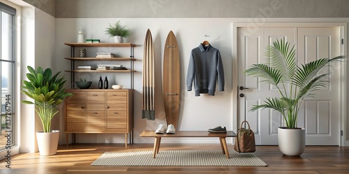 Interior of modern stylish hall with surfboard, shoe stand, and chest of drawers , modern, stylish, hall, surfboard, shoe stand, chest of drawers, interior design, home decor, contemporary photo