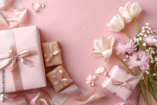Elegant Pink Peonies and Gift Boxes on Pastel Background