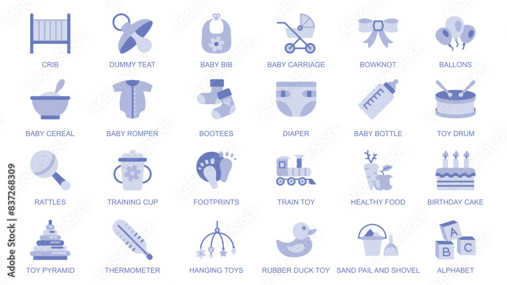 Baby elements web icons set in duotone flat design. Pack pictograms with crib, dummy teat, bib, carriage, bowknot, balloons, cereal, romper, booties, diaper, bottle, toys, other. Vector illustration. Baby elements web icons set in duotone flat design. Pack pictograms with crib, dummy teat, bib, carriage, bowknot, balloons, cereal, romper, booties, diaper, bottle, toys, other. Vector illustration.