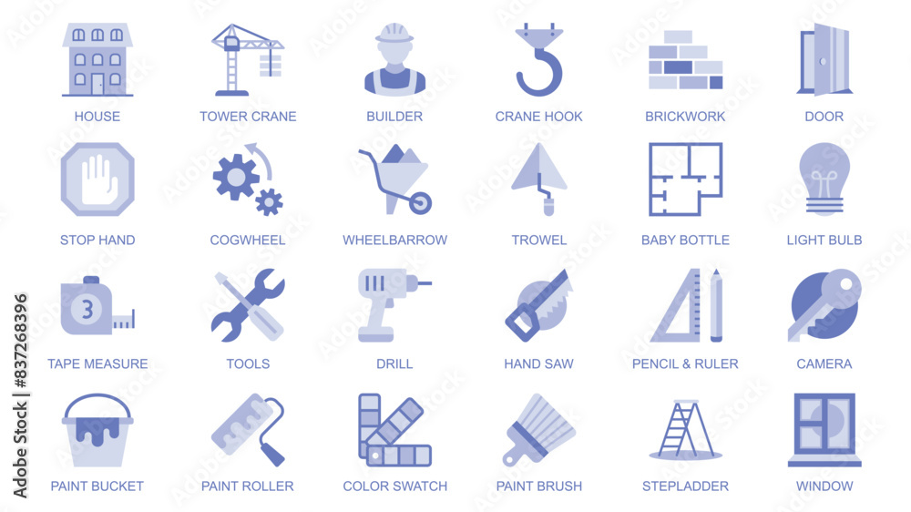 Constructions tools web icons set in duotone flat design. Pack pictograms with house, tower crane, builder, brickwork, door, cogwheel, wheelbarrow, trowel, blueprint, key, other. Vector illustration. Constructions tools web icons set in duotone flat design. Pack pictograms with house, tower crane, builder, brickwork, door, cogwheel, wheelbarrow, trowel, blueprint, key, other. Vector illustration.