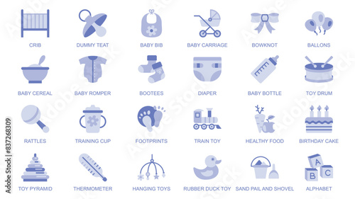 Baby elements web icons set in duotone flat design. Pack pictograms with crib, dummy teat, bib, carriage, bowknot, balloons, cereal, romper, booties, diaper, bottle, toys, other. Vector illustration.