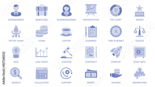 Business essential web icons set in duotone flat design. Pack pictograms with businessman, briefcase, presentation, award, office chair, money, coffee, planning, startup, other. Vector illustration.