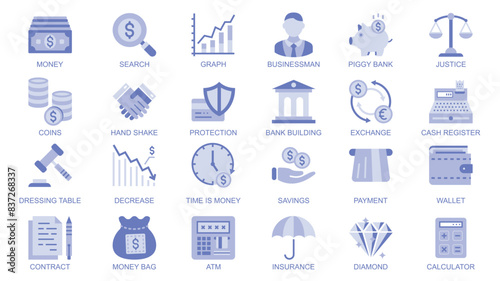 Business and finance web icons set in duotone flat design. Pack pictograms with money, graph, businessman, piggy bank, justice, coins, handshake, exchange, cash, diamond, other. Vector illustration.
