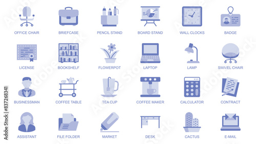 Business workspace web icons set in duotone flat design. Pack pictograms with office chair, briefcase, pencil stand, wall clocks, license, bookshelf, flowerpot, laptop, other. Vector illustration.