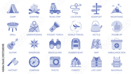 Camping web icons set in duotone flat design. Pack pictograms with camp, bonfire, road, trip, location, signpost, mountains, grill, orienteering, travel, kettle, compass, other. Vector illustration.