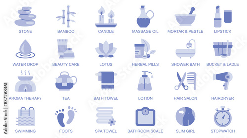 Beauty web icons set in duotone flat design. Pack pictograms with stone, bamboo, candles, massage oil, mortar and pestle, lipstick, lotus, herbal pills, shower bath, spa, other. Vector illustration.