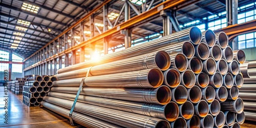 Stack of steel pipes in a warehouse with a blurry background, industrial, metal, pipes, manufacturing, storage, factory, industrial equipment, pipe stack, industrial warehouse photo