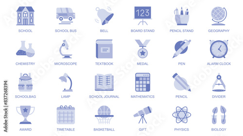 Education web icons set in duotone flat design. Pack pictograms with school bus, bell, board stand, pencil, geography, chemistry, microscope, medal, pen, study, schoolbag, other. Vector illustration.