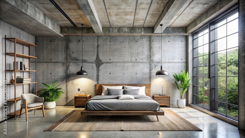 Minimalist loft bedroom with concrete walls and ceiling, featuring a