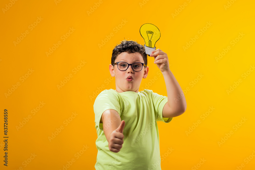 Child boy holding paper bulb and showing thumb up gesture. Success, motivation, winner, genius, idea concept Child boy holding paper bulb and showing thumb up gesture. Success, motivation, winner, genius, idea concept