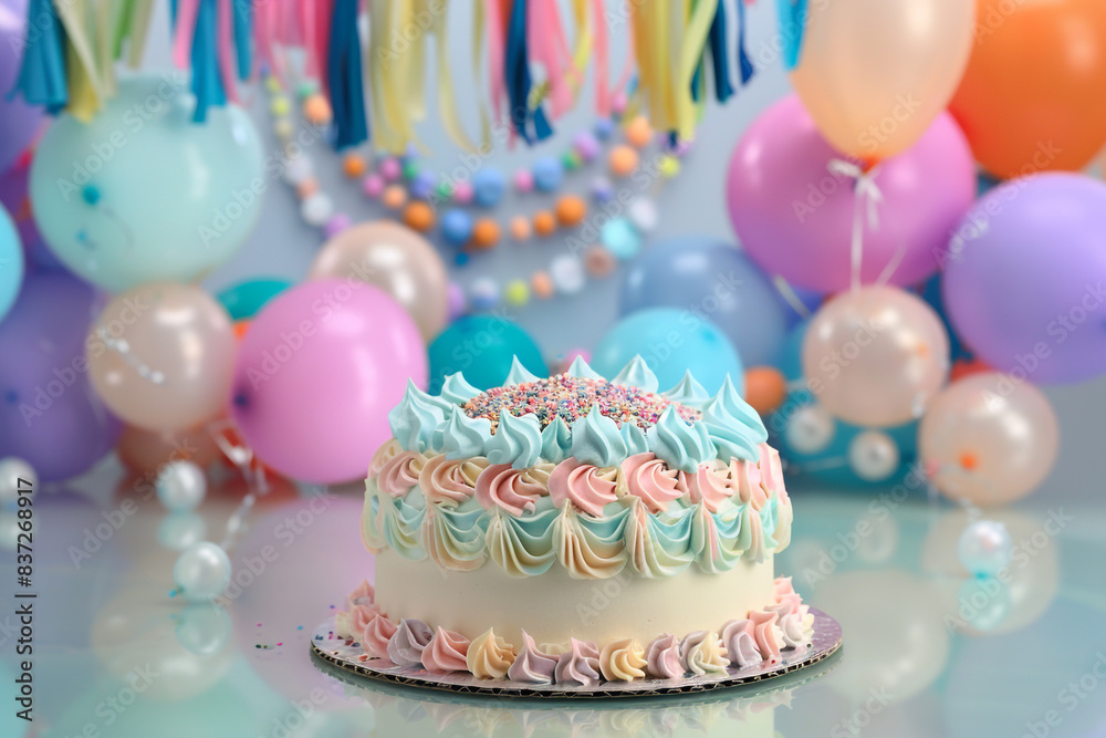 A photorealistic birthday cake in pastel hues with intricate icing details, surrounded by a circle of brightly colored balloons and festive hanging tassels in the background . A photorealistic birthday cake in pastel hues with intricate icing details, surrounded by a circle of brightly colored balloons and festive hanging tassels in the background .