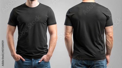 Men's black t-shirt mockup template front and back isolated on a background, t-shirt mockup, black t-shirt, template, front, back, isolated,men's clothing, apparel, fashion, design, blank photo