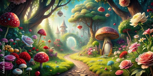 Enchanting Alice in Wonderland background with whimsical elements, fantasy, magical, fairytale, whimsical, surreal, dreamlike, mysterious, colorful, imaginative, adventure, tea party