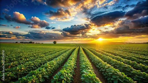 Expansive soybean farm field against picturesque sky  agriculture  soybeans  farm  rural  landscape  crops  farmland  nature  sky  clouds  sunny  peaceful  horizon  green  growth  panoramic